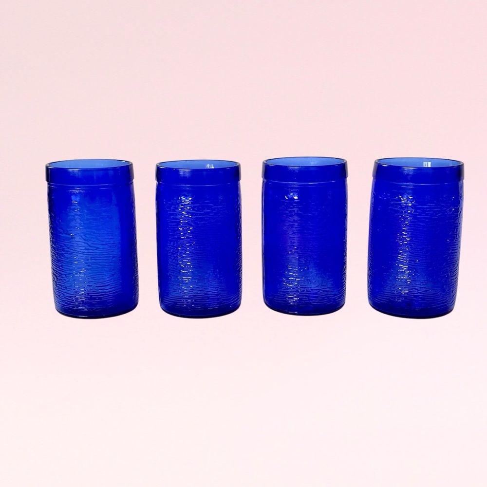 Set of 4 Vintage Gelado Brazil Cobalt Blue Juice Glass Textured Crinkle Glass